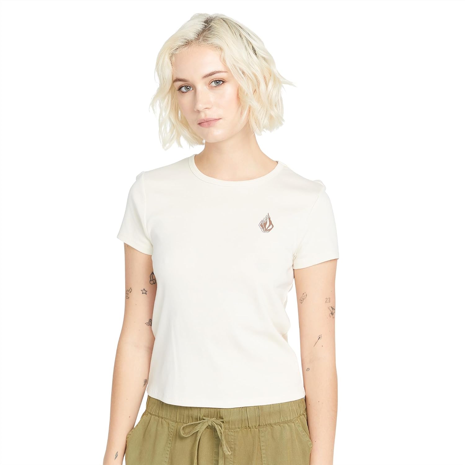Volcom Women's Have a Clue Short Sleeve Tee – Fitted T-Shirt with Striped Neck Taping Cloud