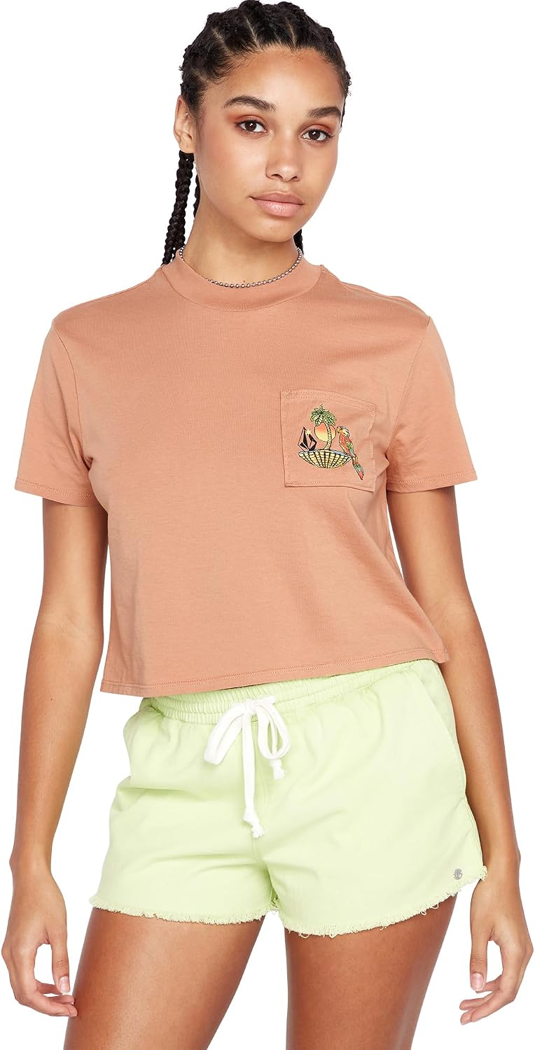 Volcom Women's Short Sleeve Pocket Dial Tee – Crew Neck T-Shirt with Chest Pocket and Screen Print Clay
