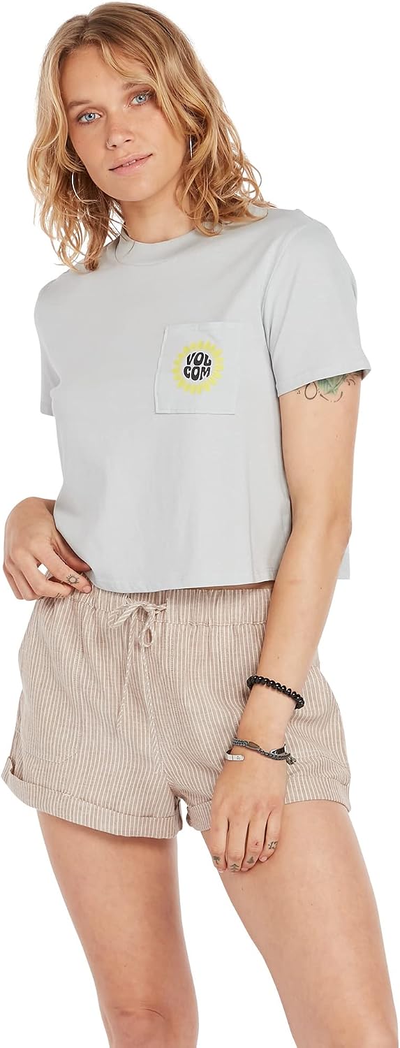 Volcom Women's Short Sleeve Pocket Dial Tee – Crew Neck T-Shirt with Chest Pocket and Screen Print Daze Grey