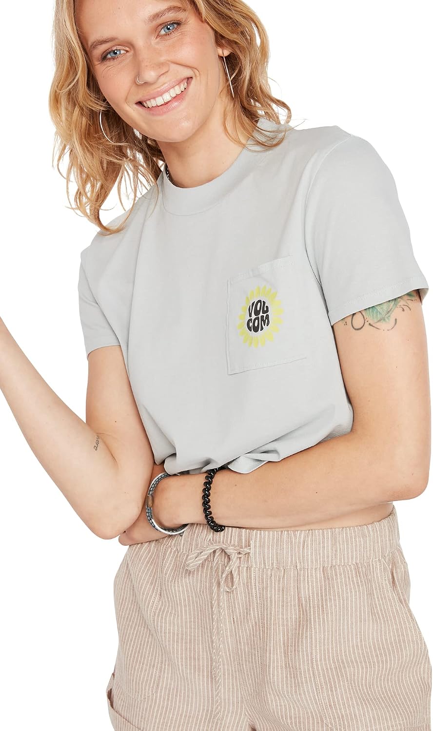 Volcom Women's Short Sleeve Pocket Dial Tee – Crew Neck T-Shirt with Chest Pocket and Screen Print Daze Grey