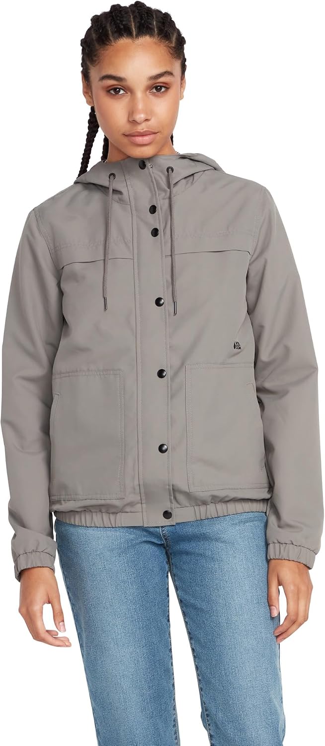 Volcom Women's Enemy Stone Hooded Zip Front Windbreaker Jacket Gunmetal Grey