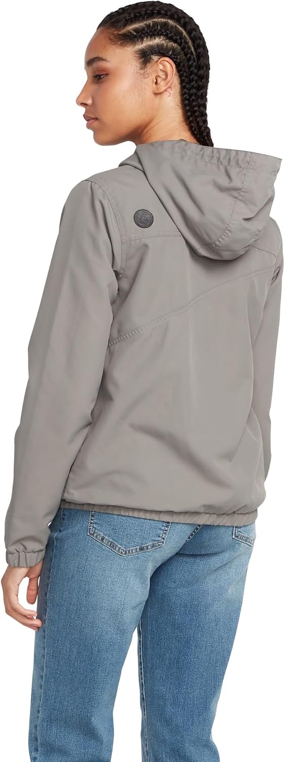 Volcom Women's Enemy Stone Hooded Zip Front Windbreaker Jacket Gunmetal Grey