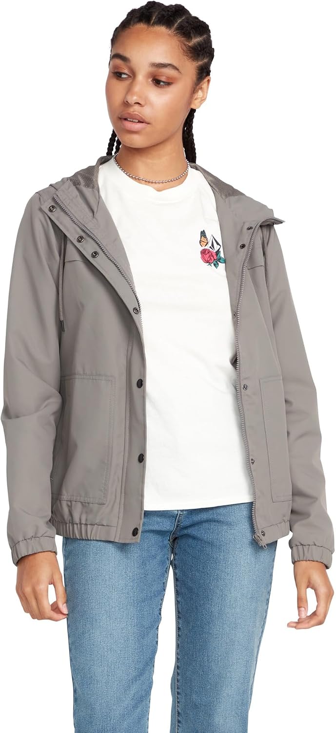 Volcom Women's Enemy Stone Hooded Zip Front Windbreaker Jacket Gunmetal Grey