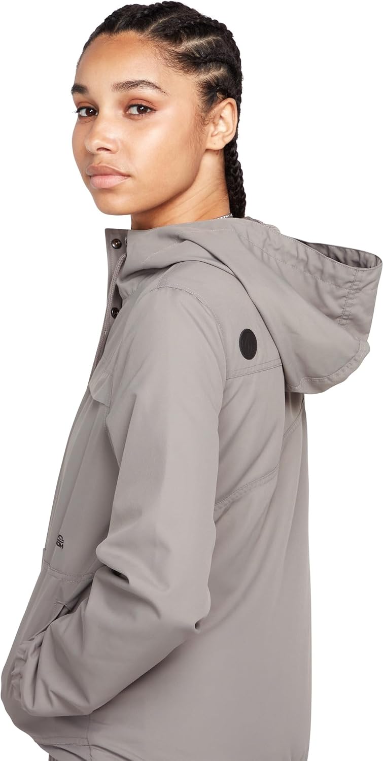 Volcom Women's Enemy Stone Hooded Zip Front Windbreaker Jacket Gunmetal Grey