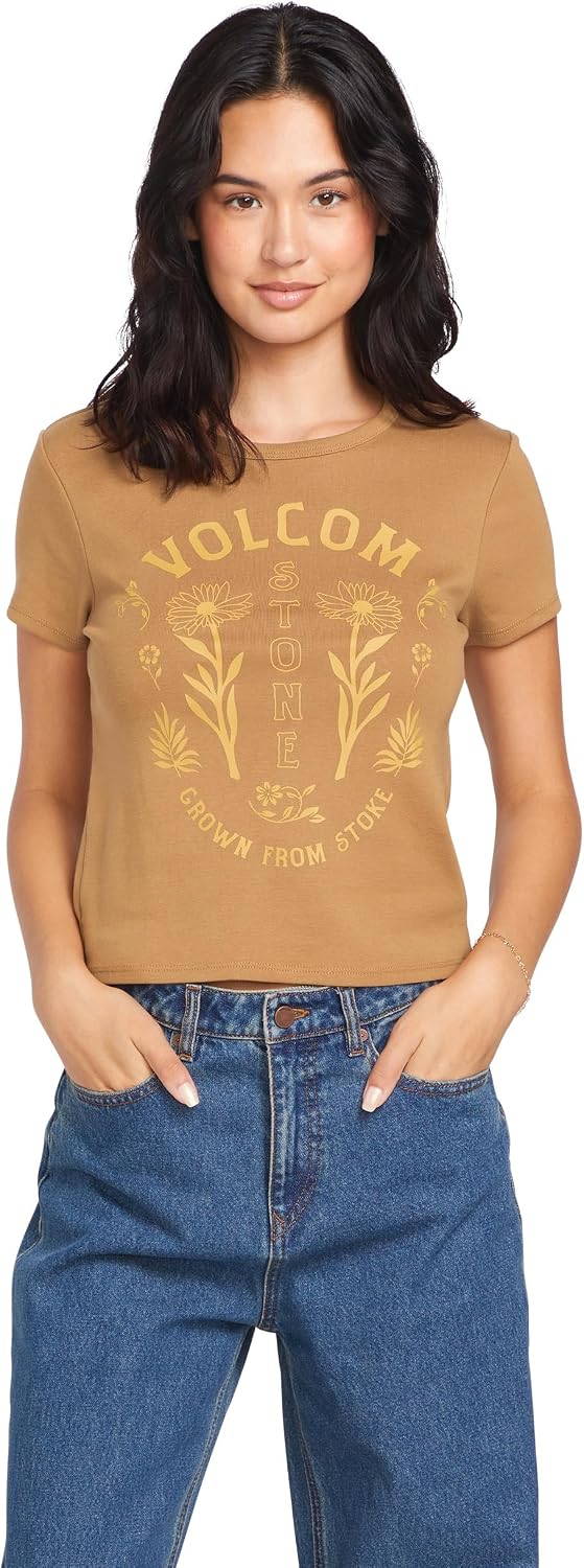 Volcom Women's Have a Clue Short Sleeve Tee – Fitted T-Shirt with Striped Neck Taping Vintage Brown