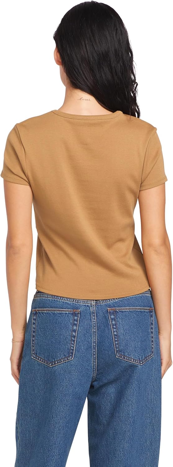 Volcom Women's Have a Clue Short Sleeve Tee – Fitted T-Shirt with Striped Neck Taping Vintage Brown