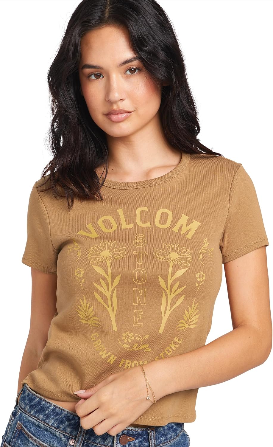 Volcom Women's Have a Clue Short Sleeve Tee – Fitted T-Shirt with Striped Neck Taping Vintage Brown