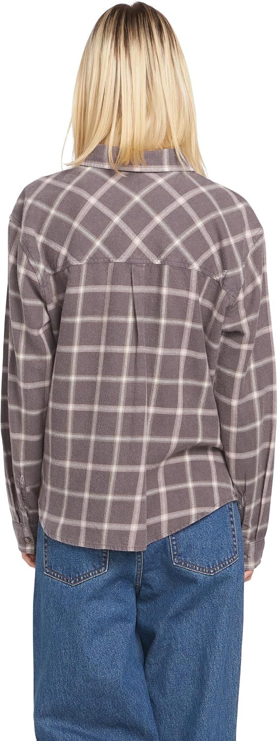 Volcom Women's Plaid to Meet U Long Sleeve Flannel Shirt Dark Grey