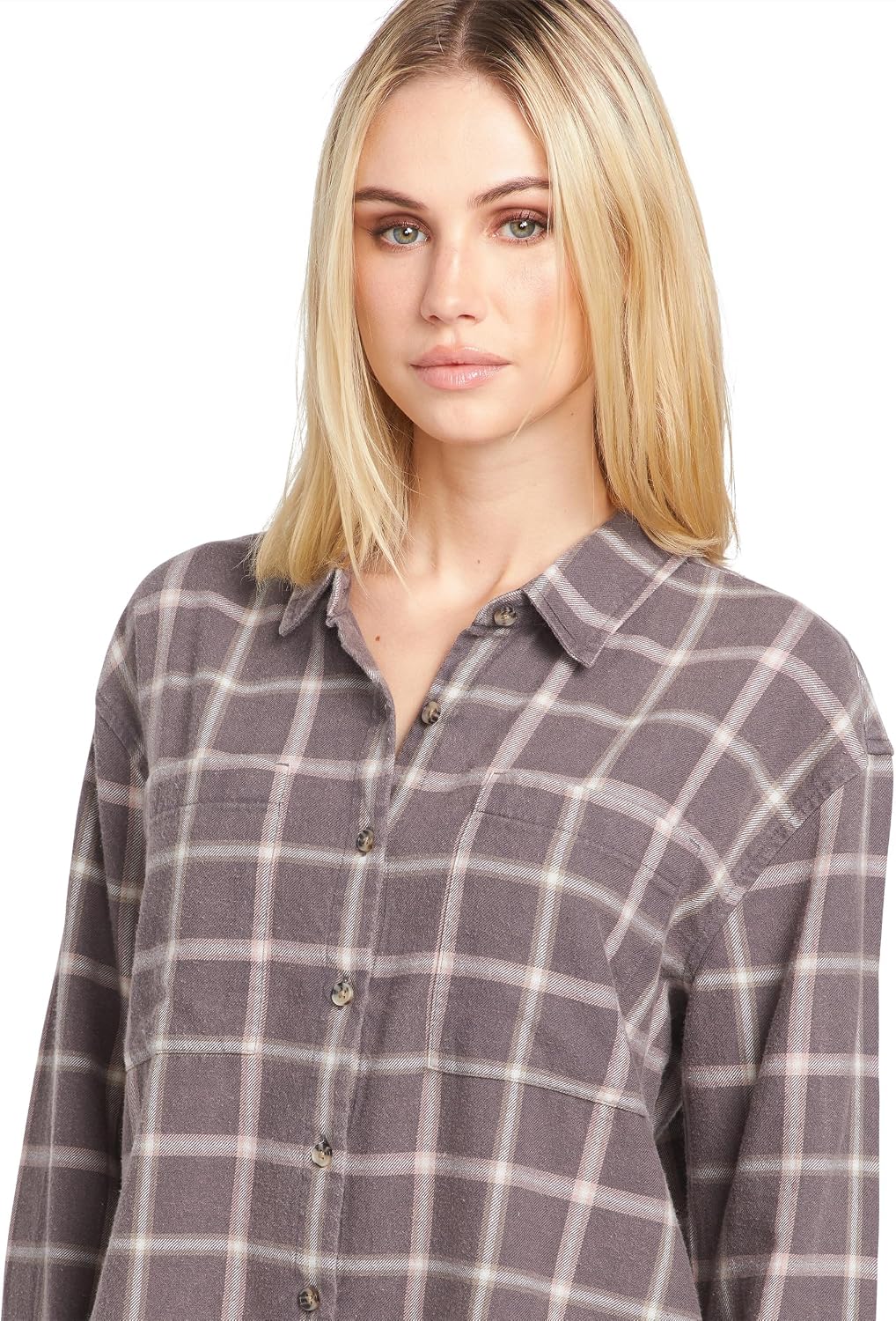 Volcom Women's Plaid to Meet U Long Sleeve Flannel Shirt Dark Grey