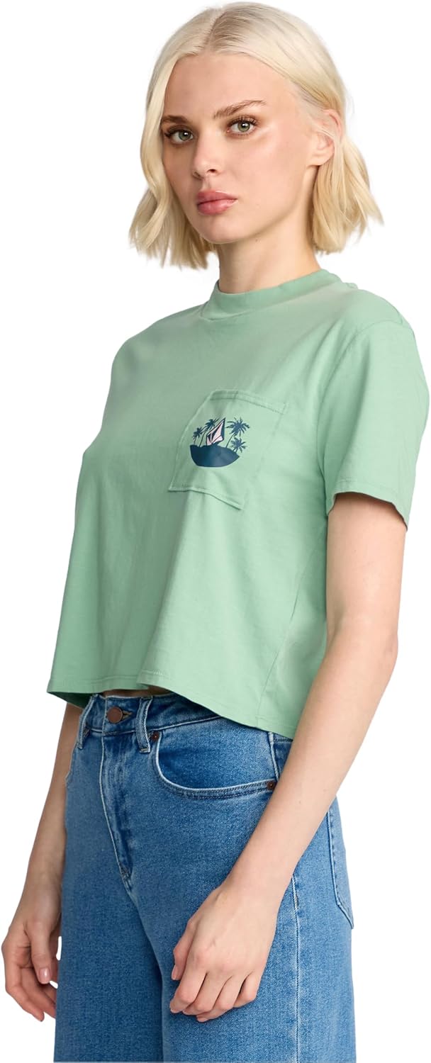 Volcom Women's Short Sleeve Pocket Dial Tee – Crew Neck T-Shirt with Chest Pocket and Screen Print Sea Green