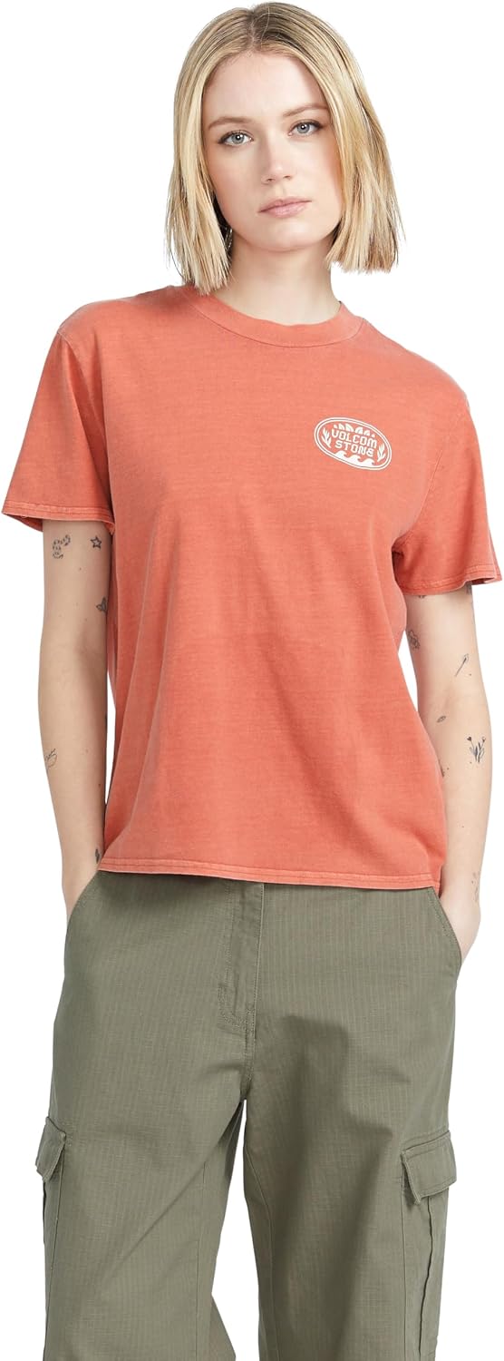 Volcom Women's Lock It Up Short Sleeve Tee – Crew Neck T-Shirt with Striped Neck Taping Rust