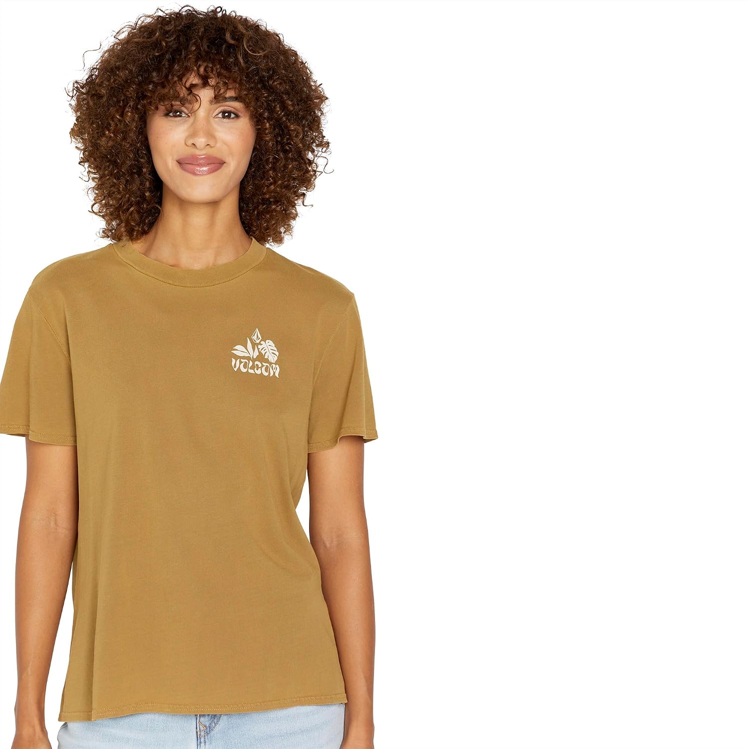 Volcom Women's Lock It Up Short Sleeve Tee – Crew Neck T-Shirt with Striped Neck Taping Rustic Brown