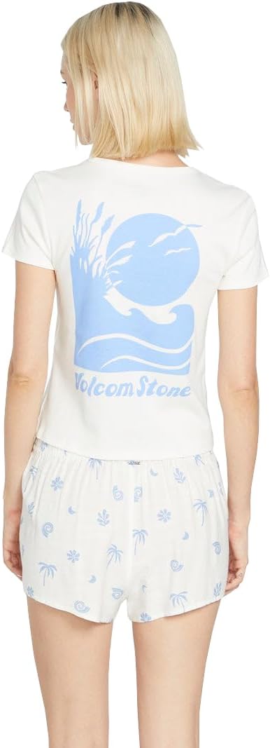Volcom Women's Have a Clue Short Sleeve Tee – Fitted T-Shirt with Striped Neck Taping Star White