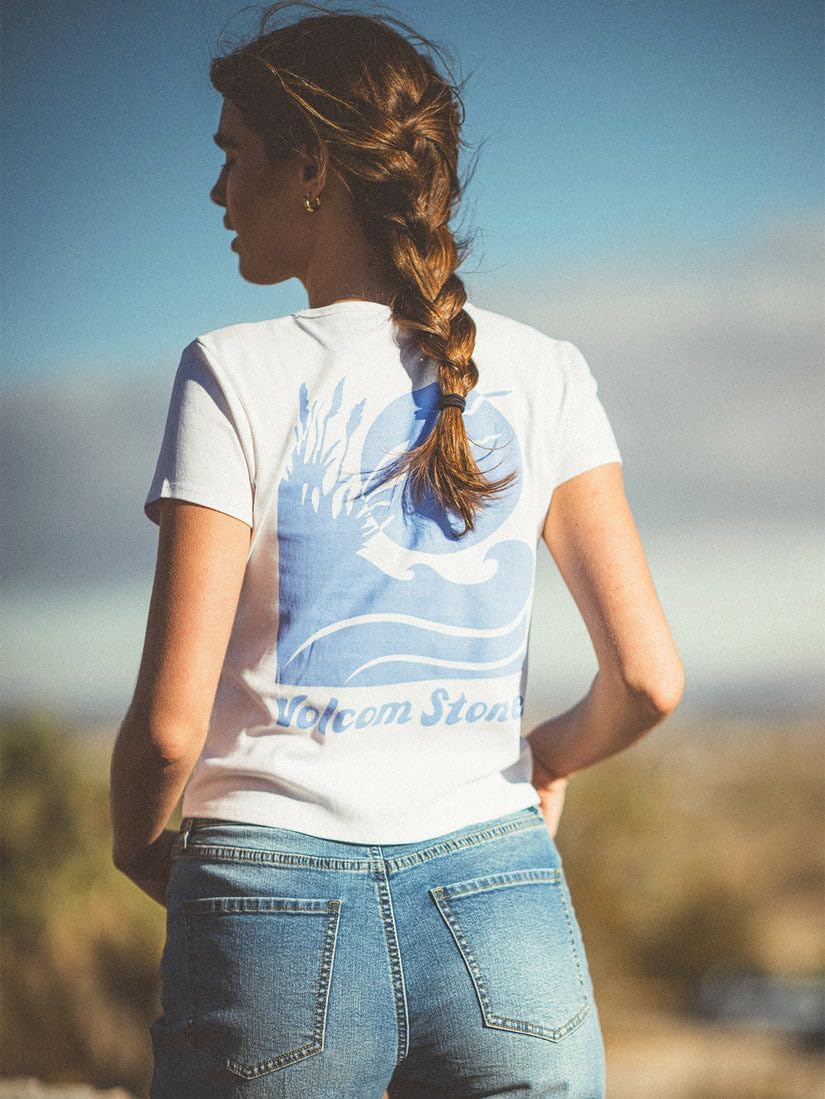 Volcom Women's Have a Clue Short Sleeve Tee – Fitted T-Shirt with Striped Neck Taping Star White