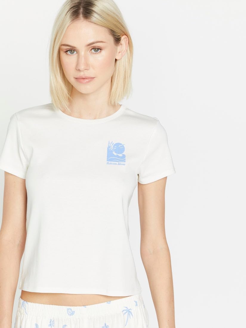 Volcom Women's Have a Clue Short Sleeve Tee – Fitted T-Shirt with Striped Neck Taping Star White