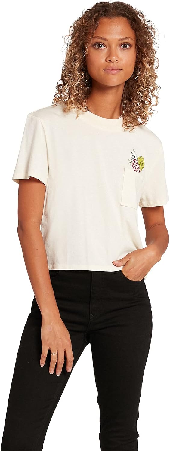 Volcom Women's Short Sleeve Pocket Dial Tee – Crew Neck T-Shirt with Chest Pocket and Screen Print Cloud