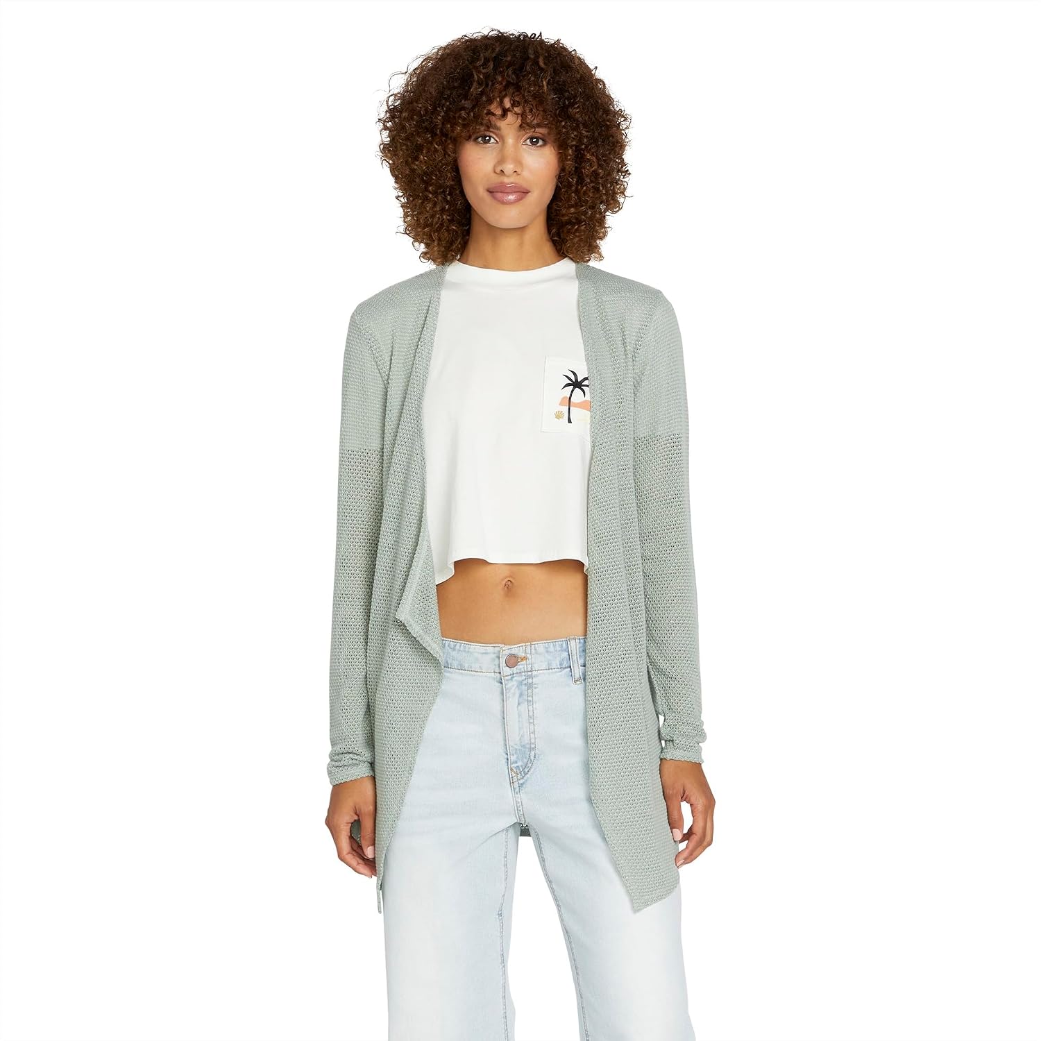 Volcom Women's Go Go Wrap Open Front Cardigan Sweater (Regular & Plus Size) Sea Glass