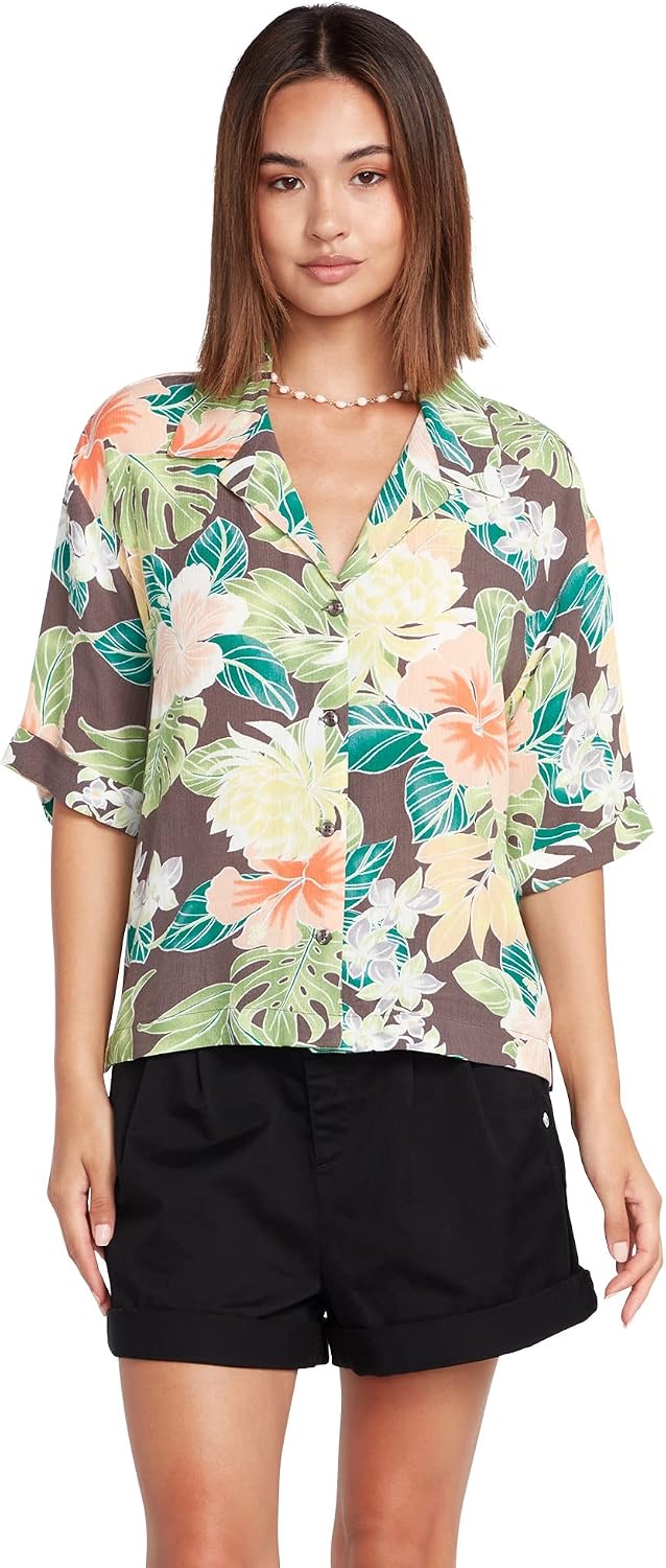 Volcom Women's Excapism Oversized Button Front Shirt Slate Grey