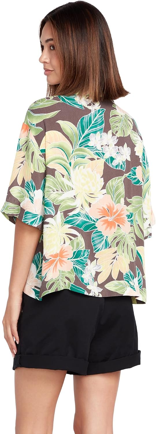 Volcom Women's Excapism Oversized Button Front Shirt Slate Grey