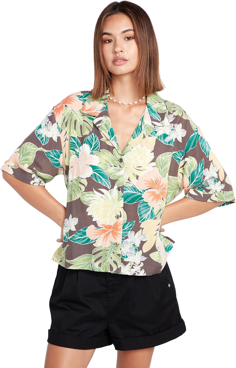 Volcom Women's Excapism Oversized Button Front Shirt Slate Grey
