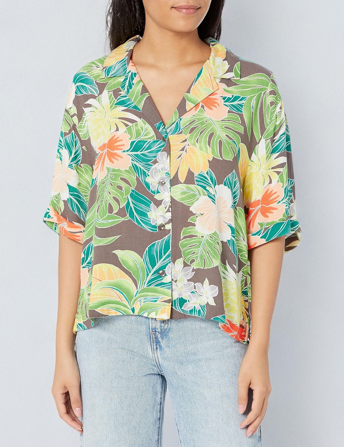 Volcom Women's Excapism Oversized Button Front Shirt Slate Grey