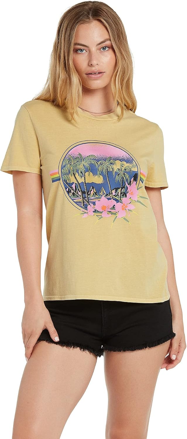 Volcom Women's Lock It Up Short Sleeve Tee – Crew Neck T-Shirt with Striped Neck Taping Wheat