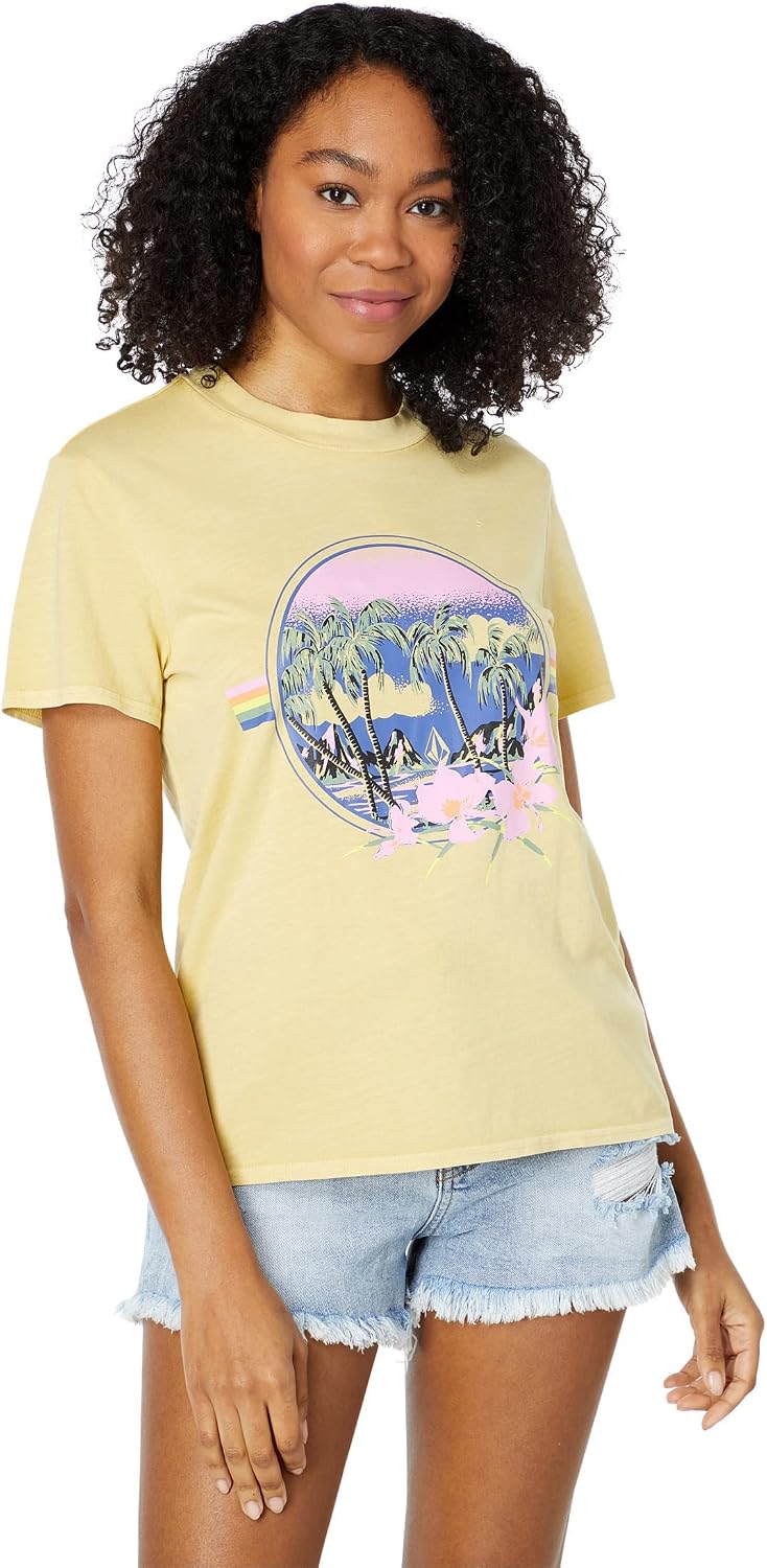 Volcom Women's Lock It Up Short Sleeve Tee – Crew Neck T-Shirt with Striped Neck Taping Wheat