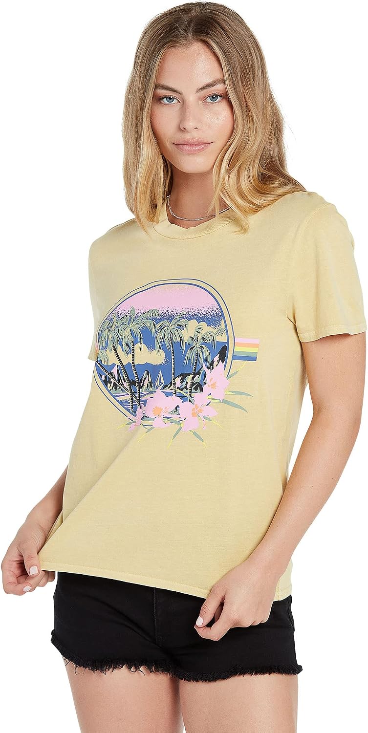 Volcom Women's Lock It Up Short Sleeve Tee – Crew Neck T-Shirt with Striped Neck Taping Wheat