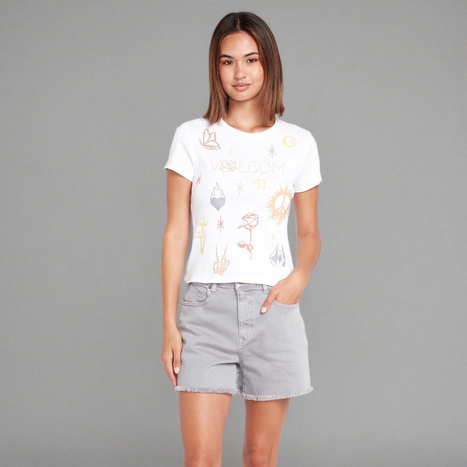 Volcom Women's Have a Clue Short Sleeve Tee – Fitted T-Shirt with Striped Neck Taping White