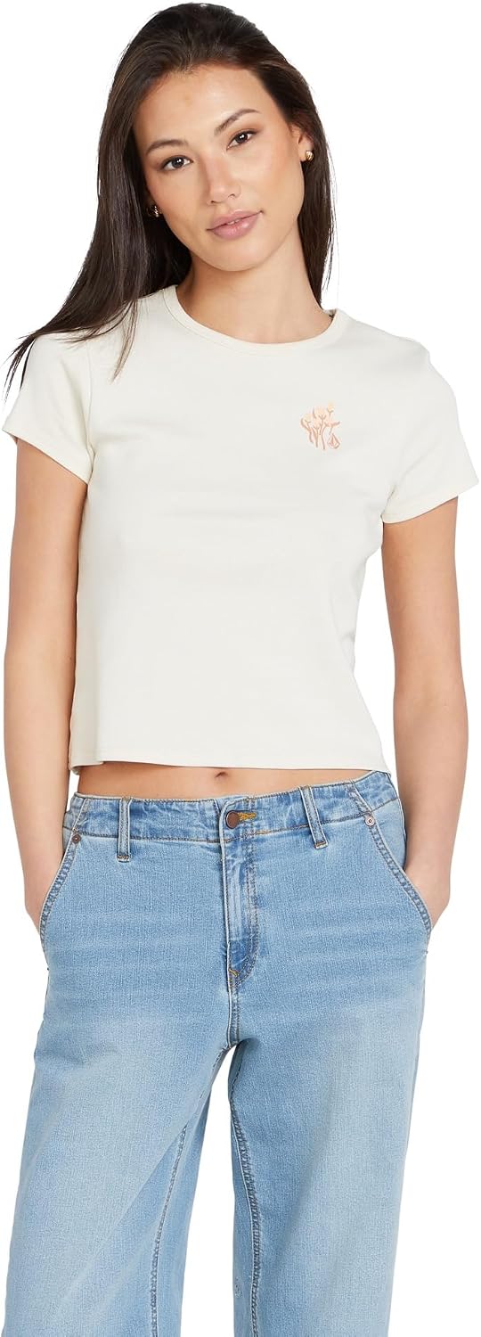 Volcom Women's Have a Clue Short Sleeve Tee – Fitted T-Shirt with Striped Neck Taping Cloud White