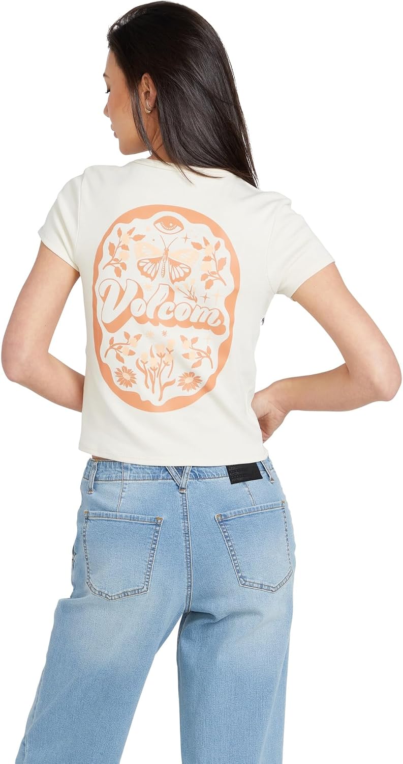 Volcom Women's Have a Clue Short Sleeve Tee – Fitted T-Shirt with Striped Neck Taping Cloud White