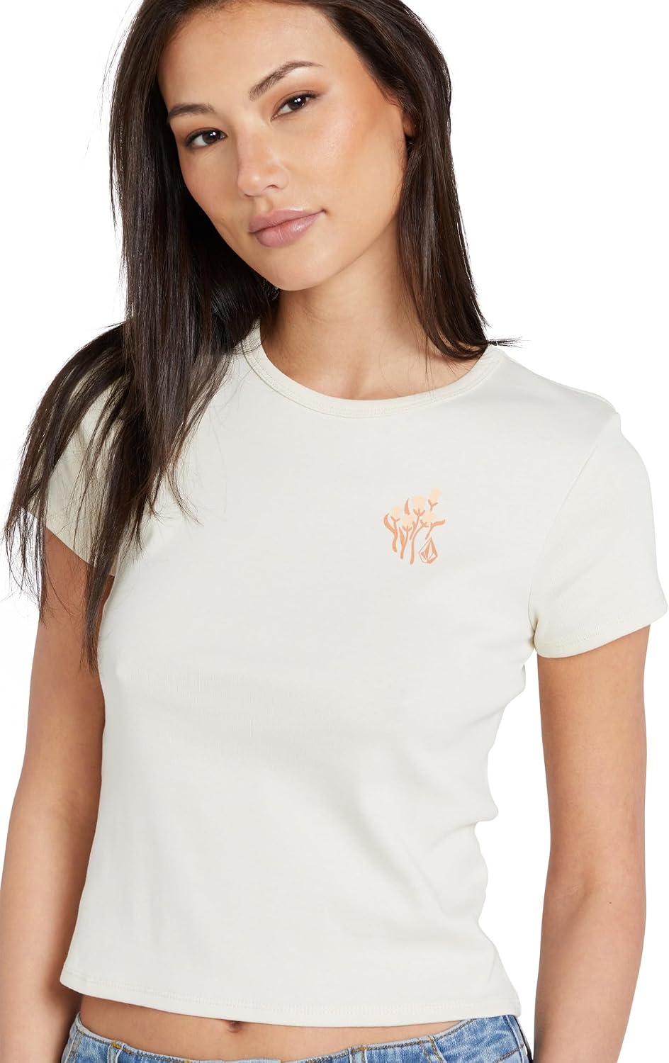 Volcom Women's Have a Clue Short Sleeve Tee – Fitted T-Shirt with Striped Neck Taping Cloud White
