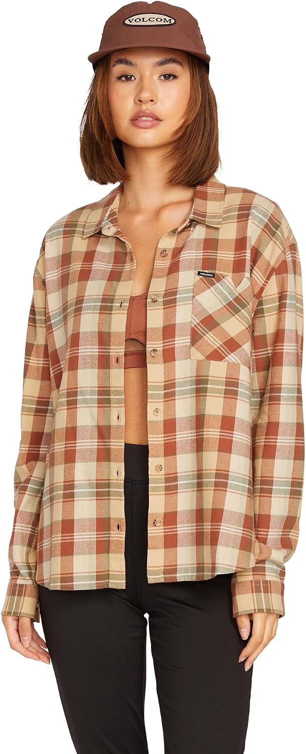 Volcom Women's Plaid to Meet U Long Sleeve Flannel Shirt Dark Clay