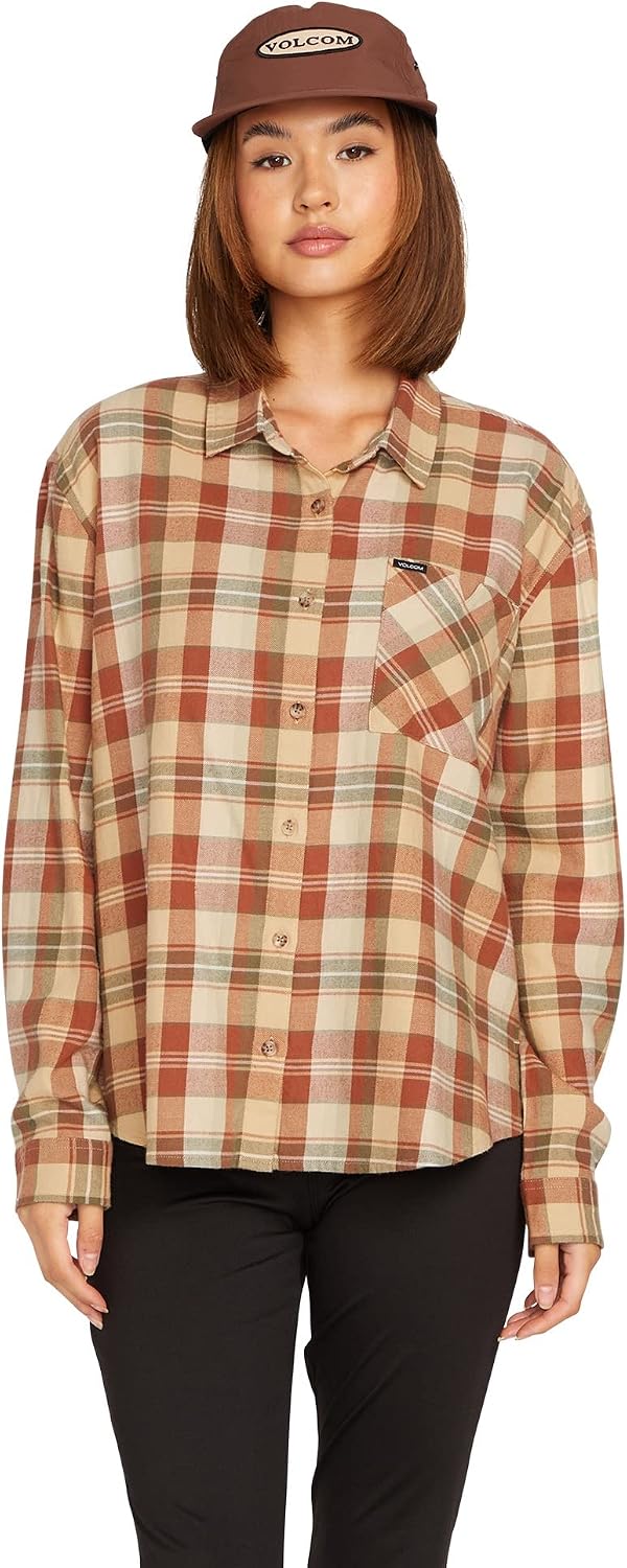 Volcom Women's Plaid to Meet U Long Sleeve Flannel Shirt Dark Clay