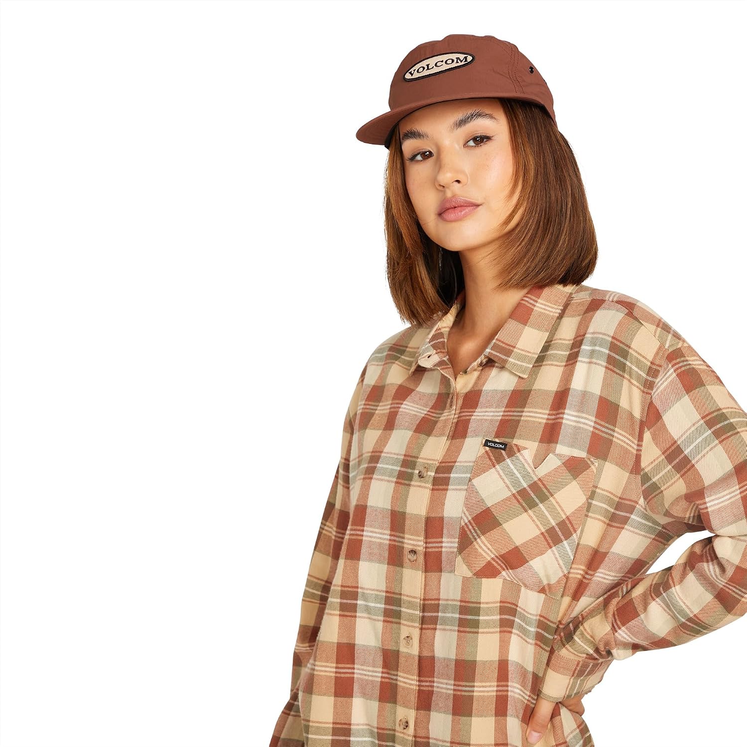 Volcom Women's Plaid to Meet U Long Sleeve Flannel Shirt Dark Clay