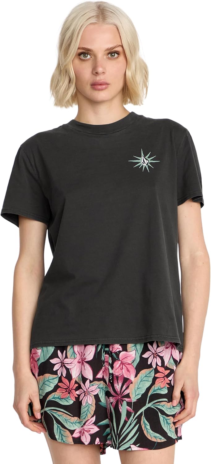 Volcom Women's Lock It Up Short Sleeve Tee – Crew Neck T-Shirt with Striped Neck Taping Vintage Black