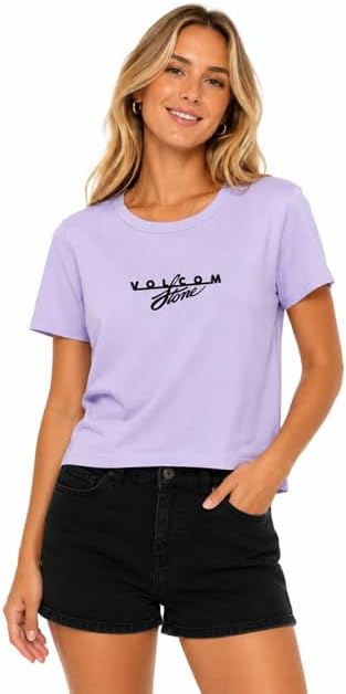 Volcom Women's Have a Clue Short Sleeve Tee – Fitted T-Shirt with Striped Neck Taping Blurred Violet