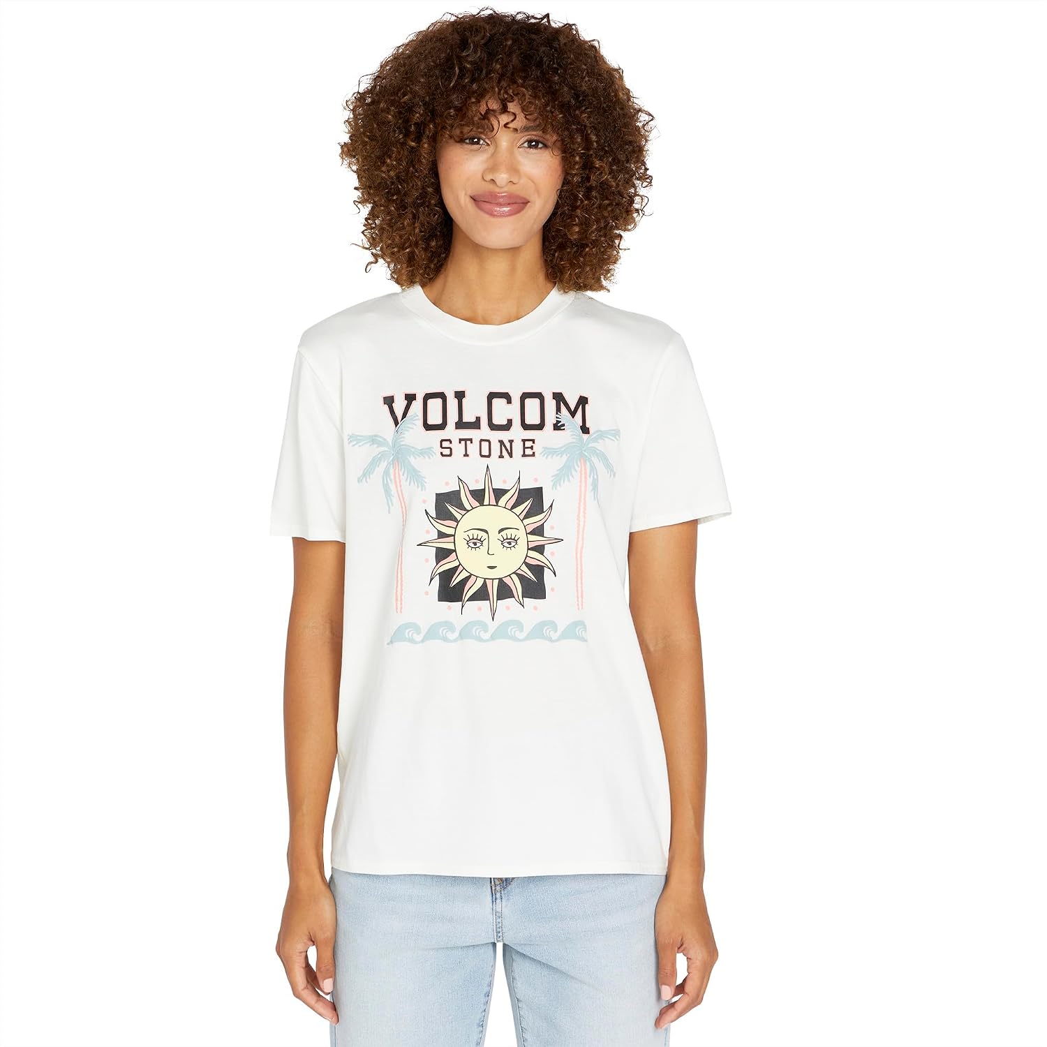 Volcom Women's Lock It Up Short Sleeve Tee – Crew Neck T-Shirt with Striped Neck Taping Star Light