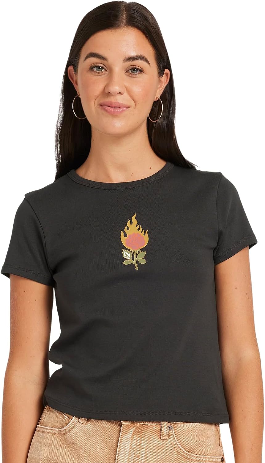 Volcom Women's Have a Clue Short Sleeve Tee – Fitted T-Shirt with Striped Neck Taping Light Black