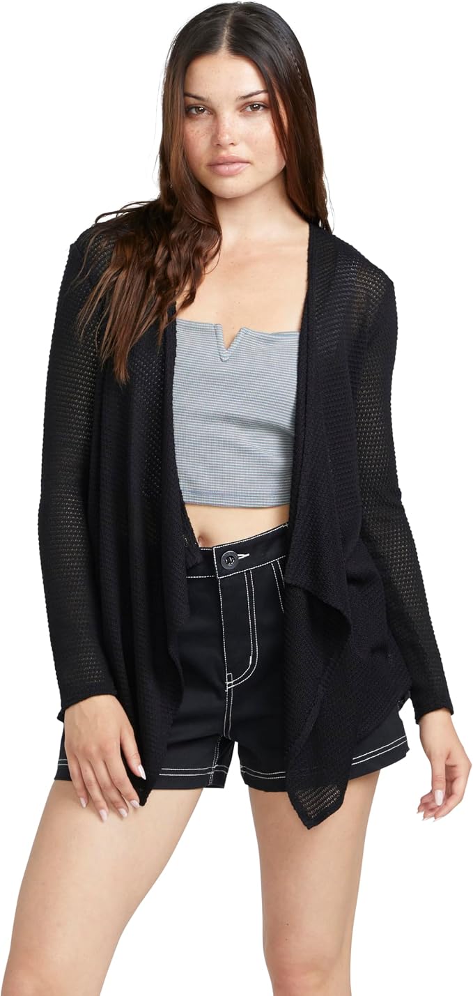 Volcom Women's Go Go Wrap Open Front Cardigan Sweater (Regular & Plus Size) Black 3