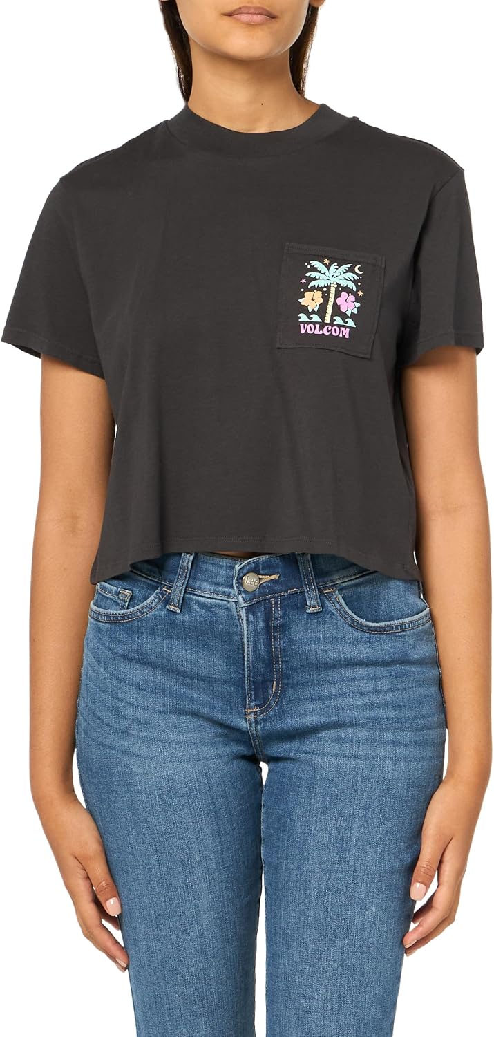 Volcom Women's Short Sleeve Pocket Dial Tee – Crew Neck T-Shirt with Chest Pocket and Screen Print Vintage Black