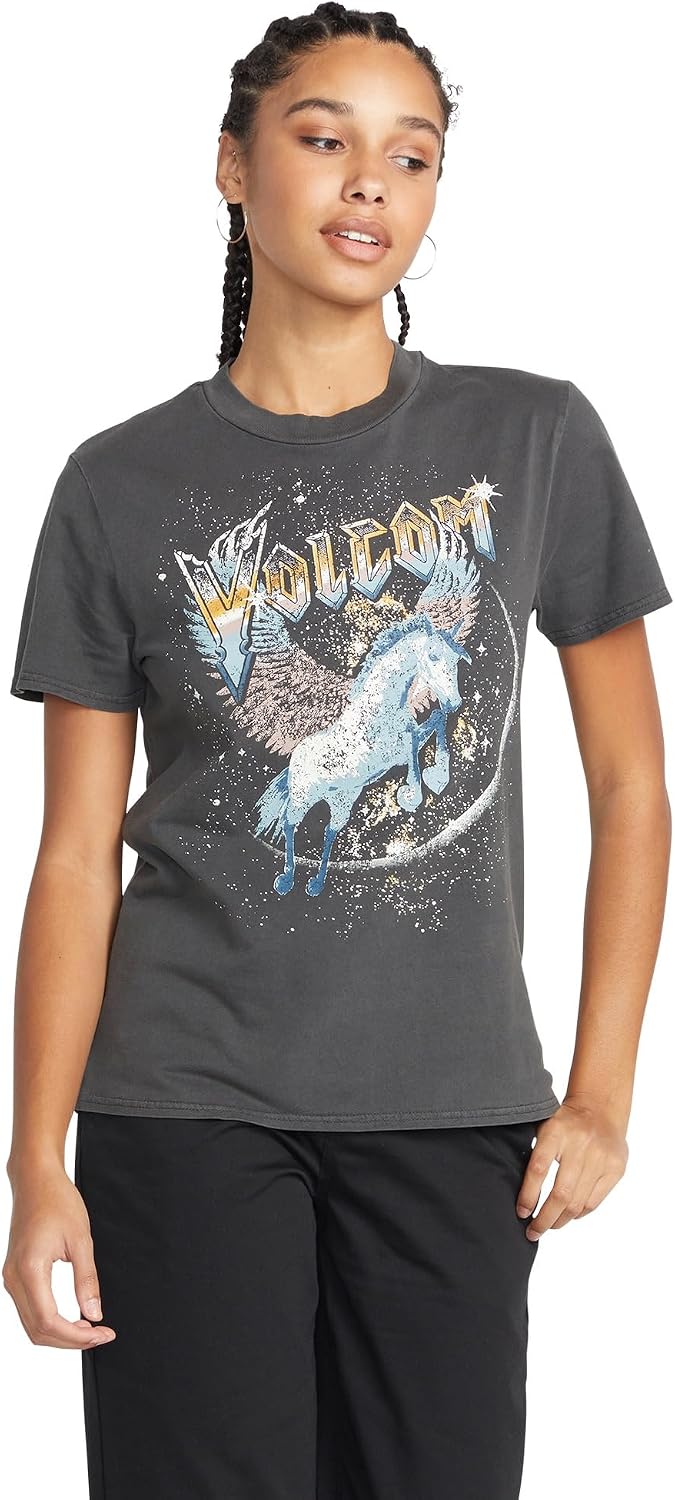 Volcom Women's Lock It Up Short Sleeve Tee – Crew Neck T-Shirt with Striped Neck Taping Black Black