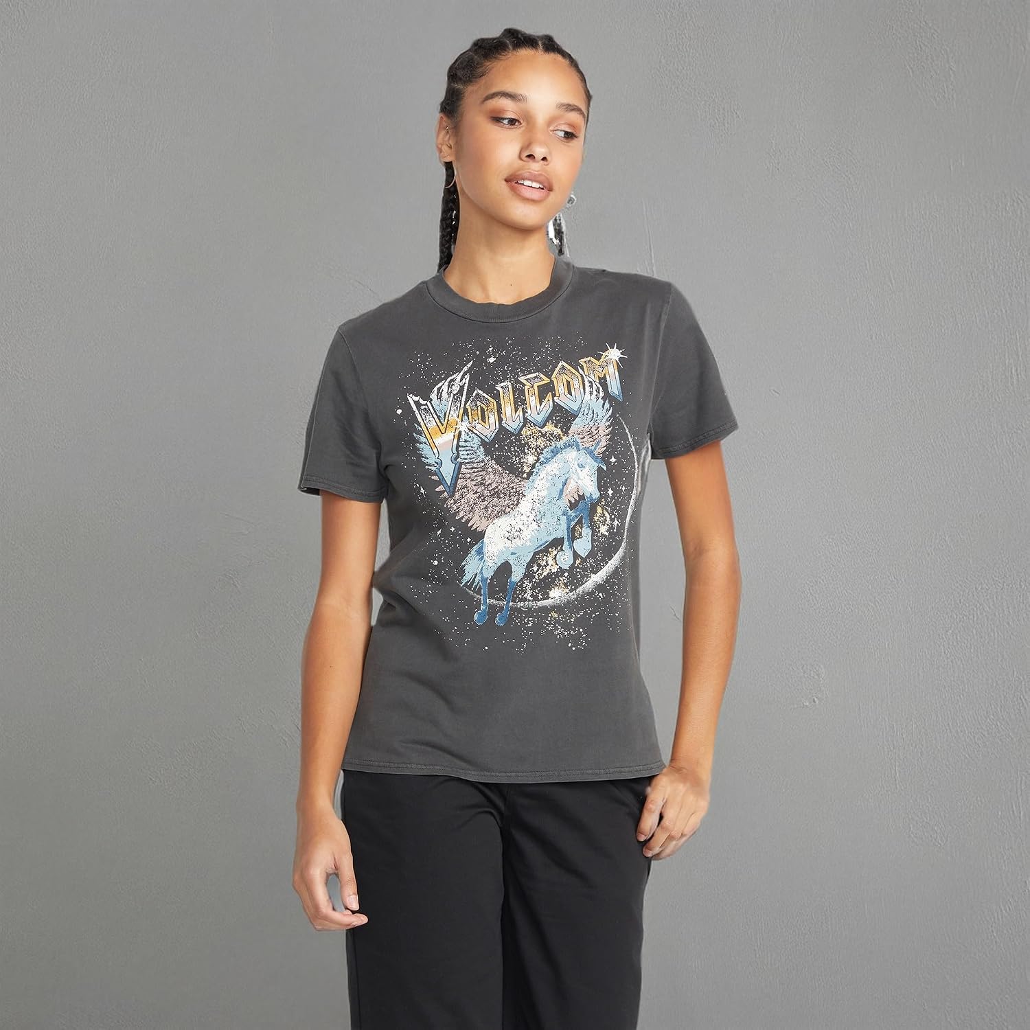 Volcom Women's Lock It Up Short Sleeve Tee – Crew Neck T-Shirt with Striped Neck Taping Black Black