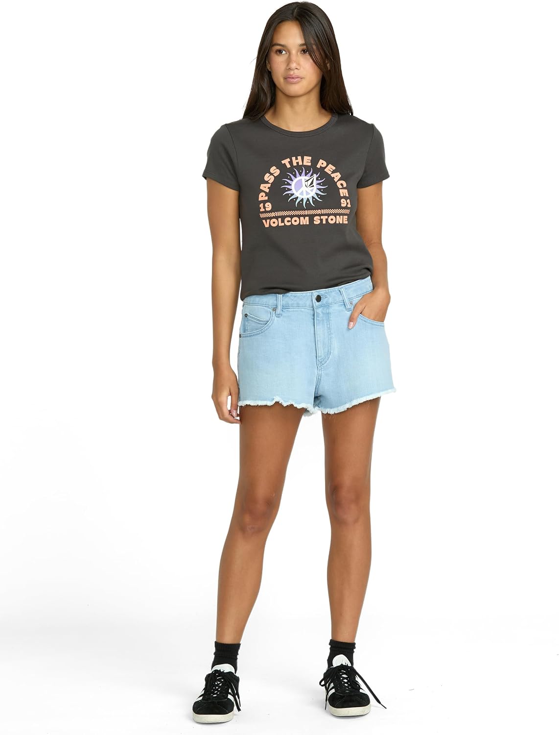 Volcom Women's 1991 Stone High Waisted Cutoff Denim Jean Short Blue Drift