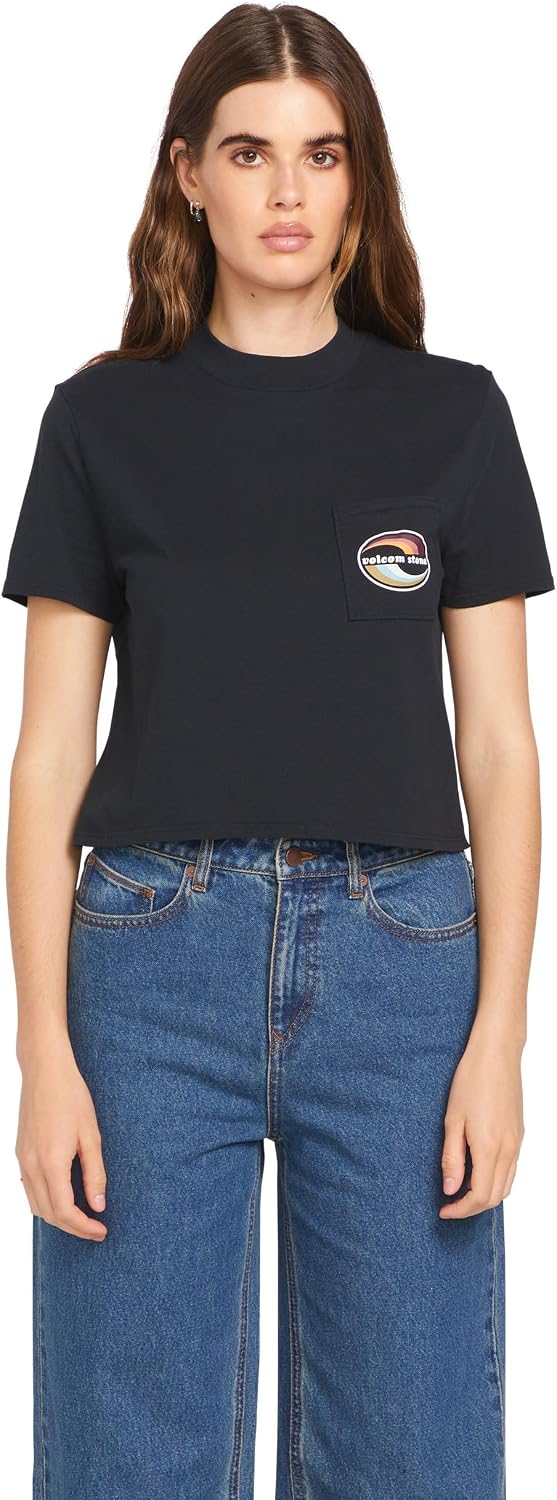 Volcom Women's Short Sleeve Pocket Dial Tee – Crew Neck T-Shirt with Chest Pocket and Screen Print Black Logo