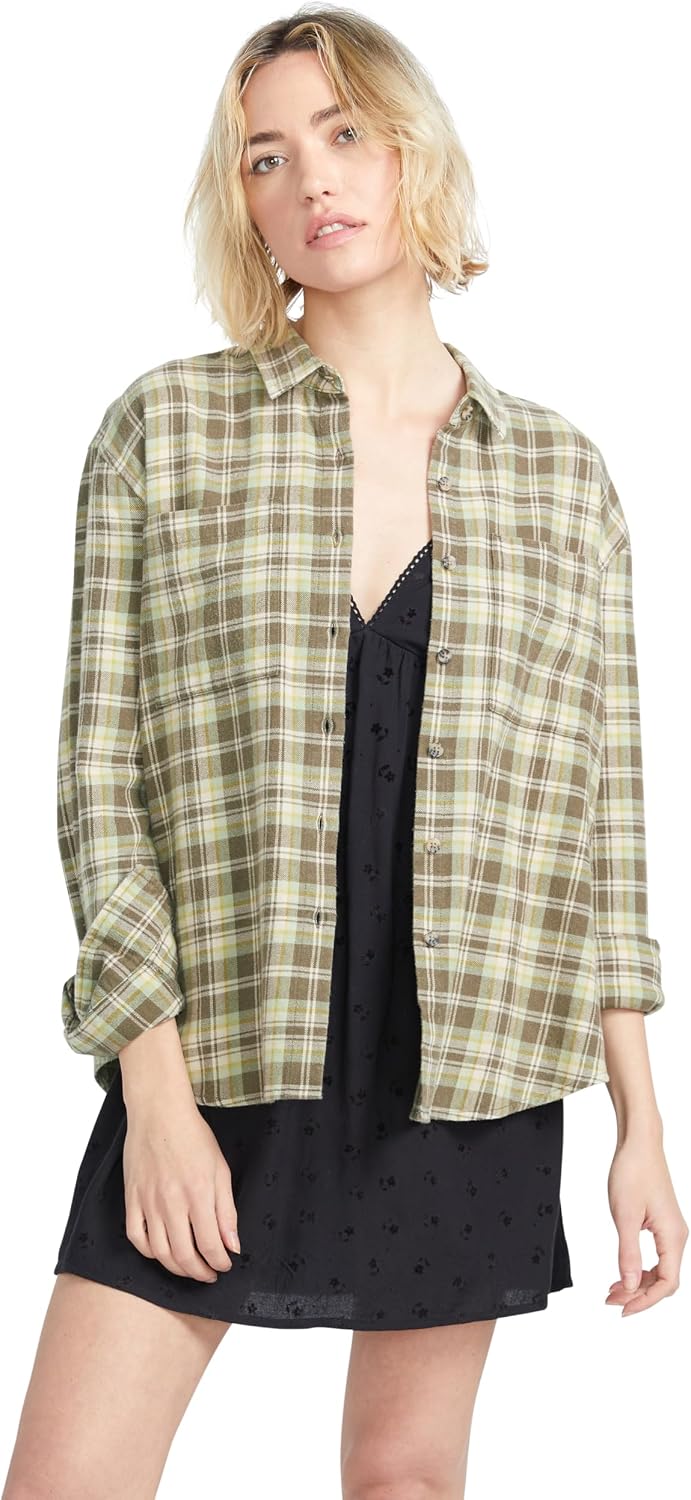 Volcom Women's Plaid to Meet U Long Sleeve Flannel Shirt Army