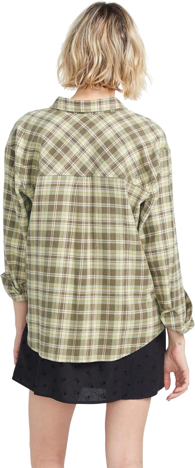 Volcom Women's Plaid to Meet U Long Sleeve Flannel Shirt Army