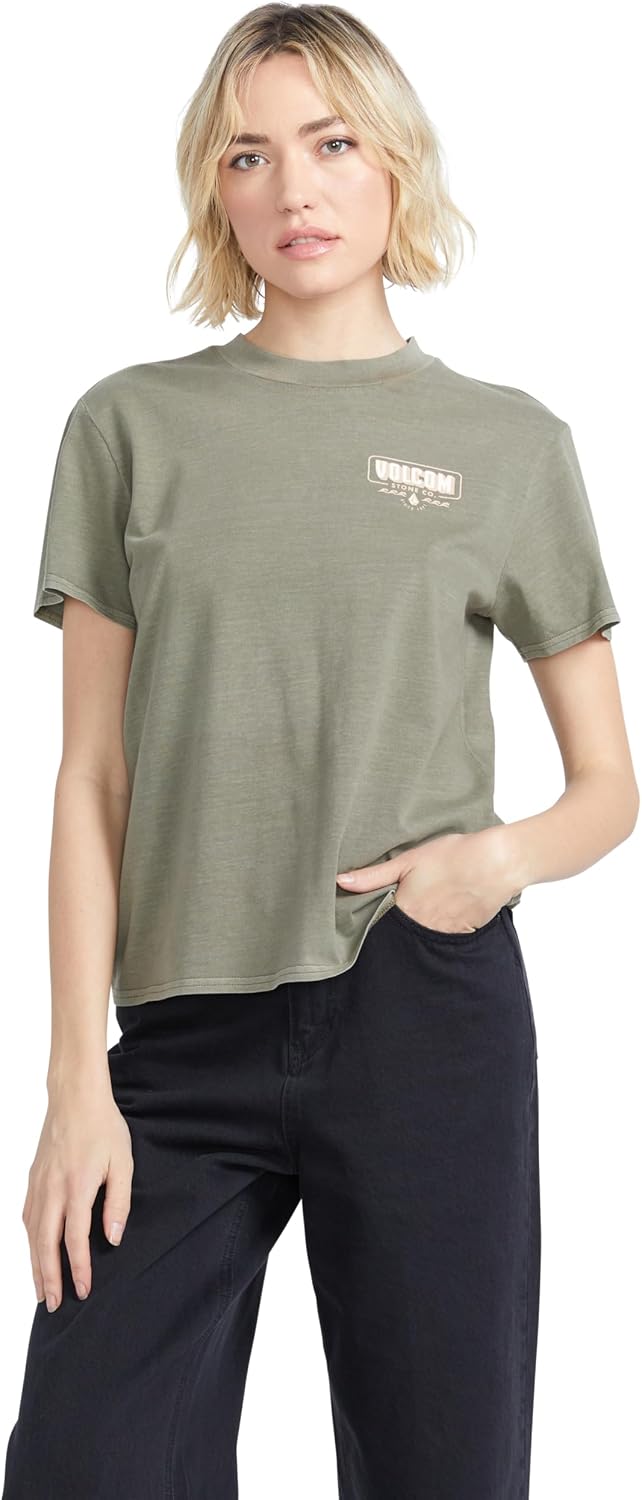 Volcom Women's Lock It Up Short Sleeve Tee – Crew Neck T-Shirt with Striped Neck Taping Army