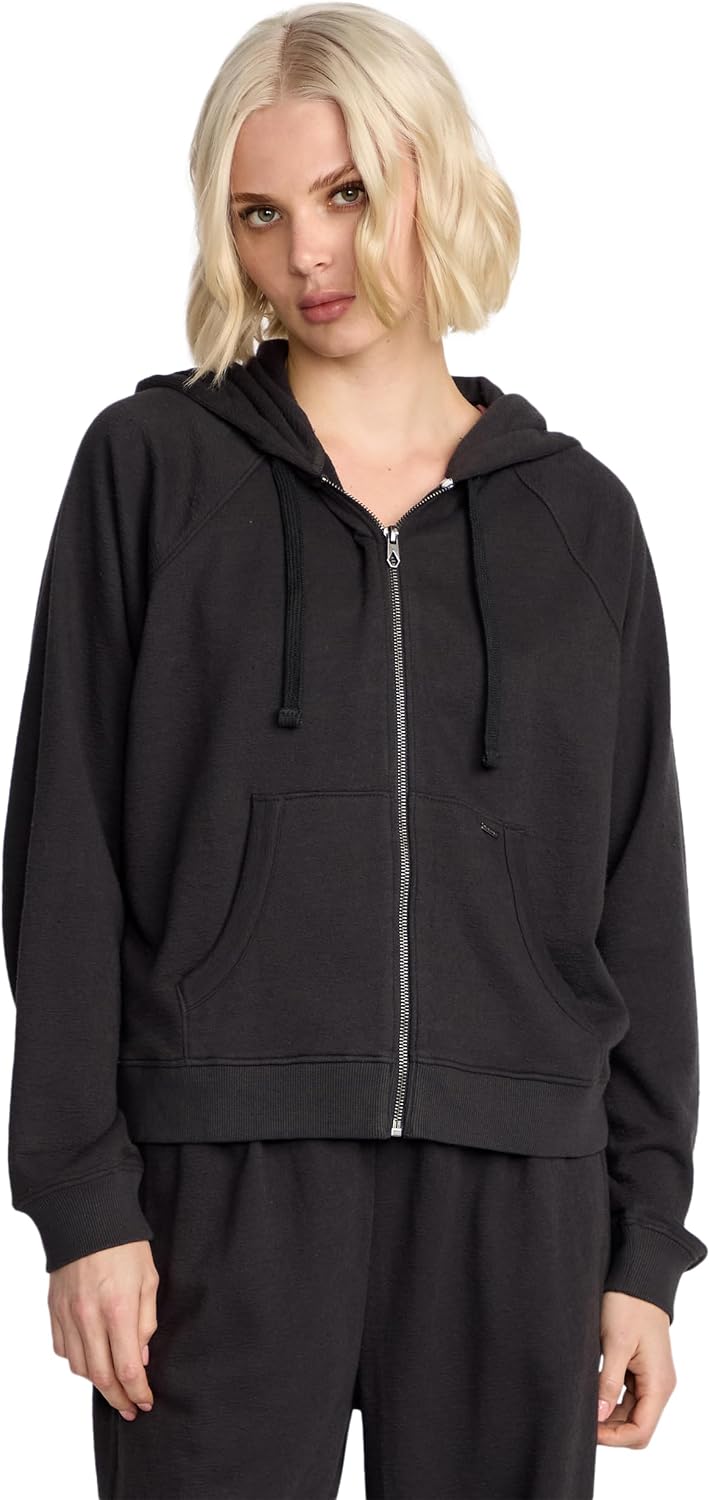 Volcom Women's Lil Zip Up Hooded Fleece Sweatshirt Vinitage Black