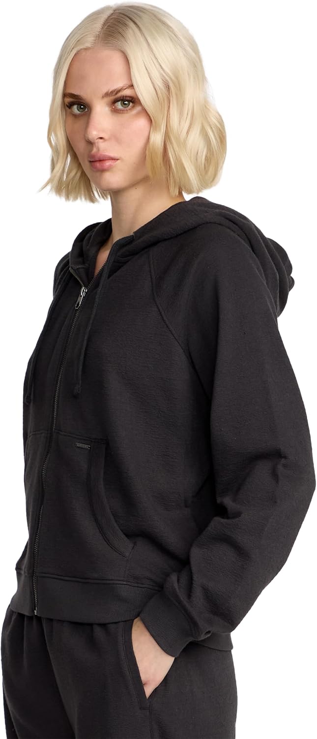 Volcom Women's Lil Zip Up Hooded Fleece Sweatshirt Vinitage Black